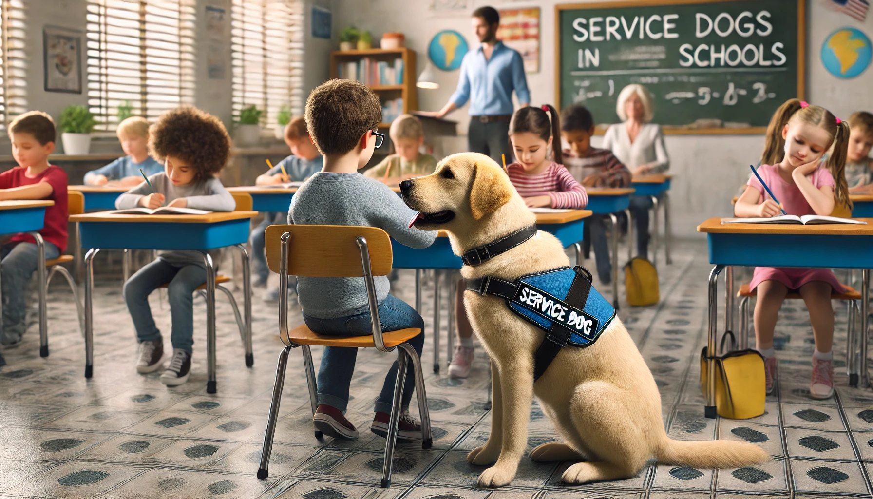 Illustration of a service dog sitting beside a student in a classroom